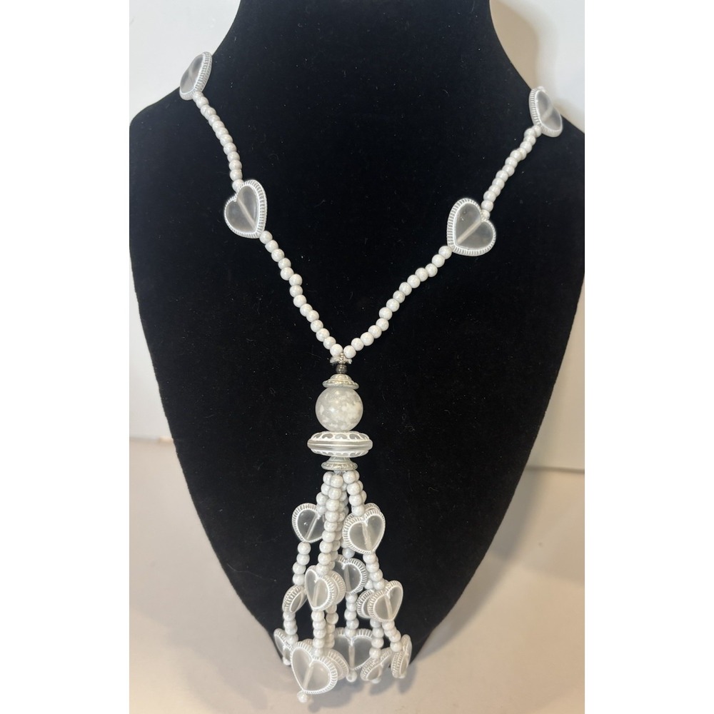 Vintage Lucite Heart Necklace Long White Beaded Tassel Cottagecore 38"